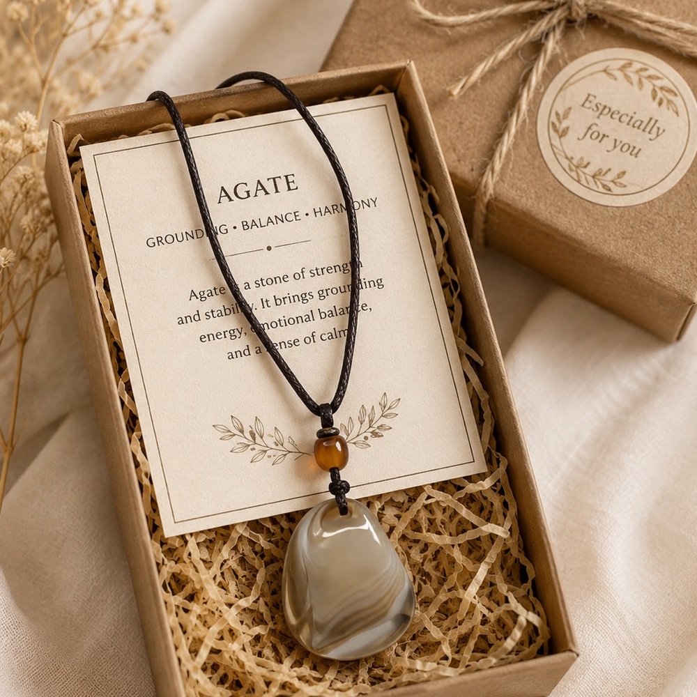 Agate Pendant Necklace Natural Stone Boho Statement Handmade Jewelry